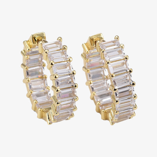 Gold Plated Cubic Zirconia Baguette Encrusted Earrings - Ruby