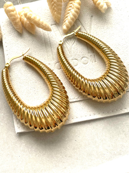 Gold Plated Ribbed Hoop Earrings - Aria