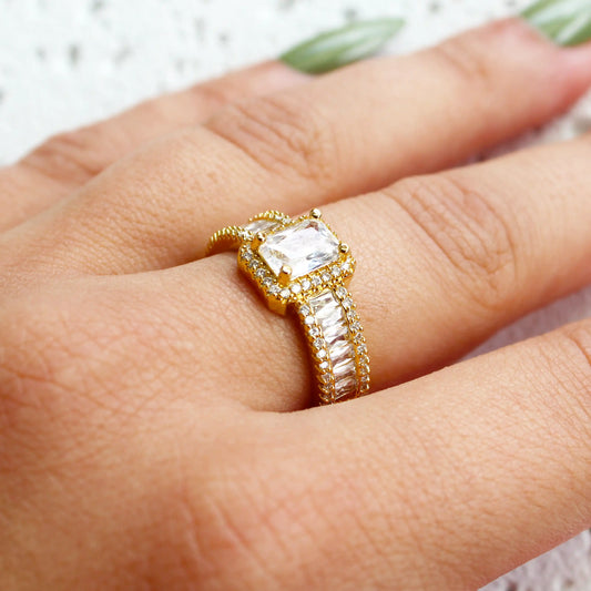 Gold Plated Cubic Zirconia Baguette Cocktail Ring