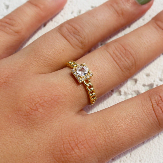 Gold Plated Cubic Zirconia Square Cut Stone Ring