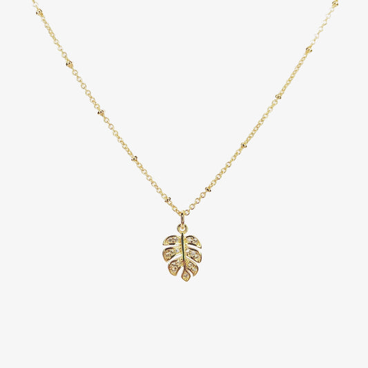 Gold Plated Cubic Zirconia Monstera Leaf Necklace
