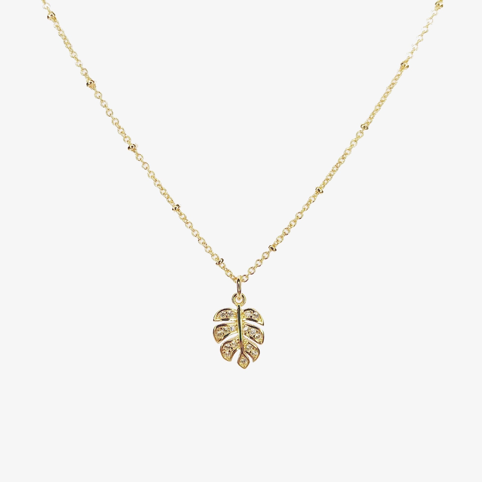 Gold Plated Cubic Zirconia Monstera Leaf Necklace - Ivy London Studio