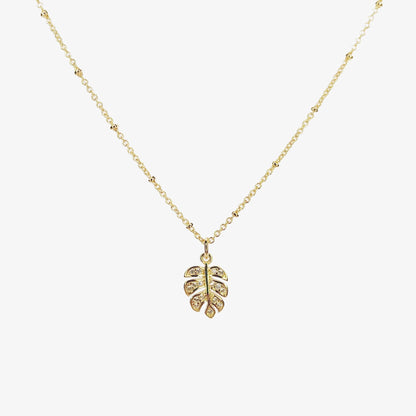 Gold Plated Cubic Zirconia Monstera Leaf Necklace - Ivy London Studio