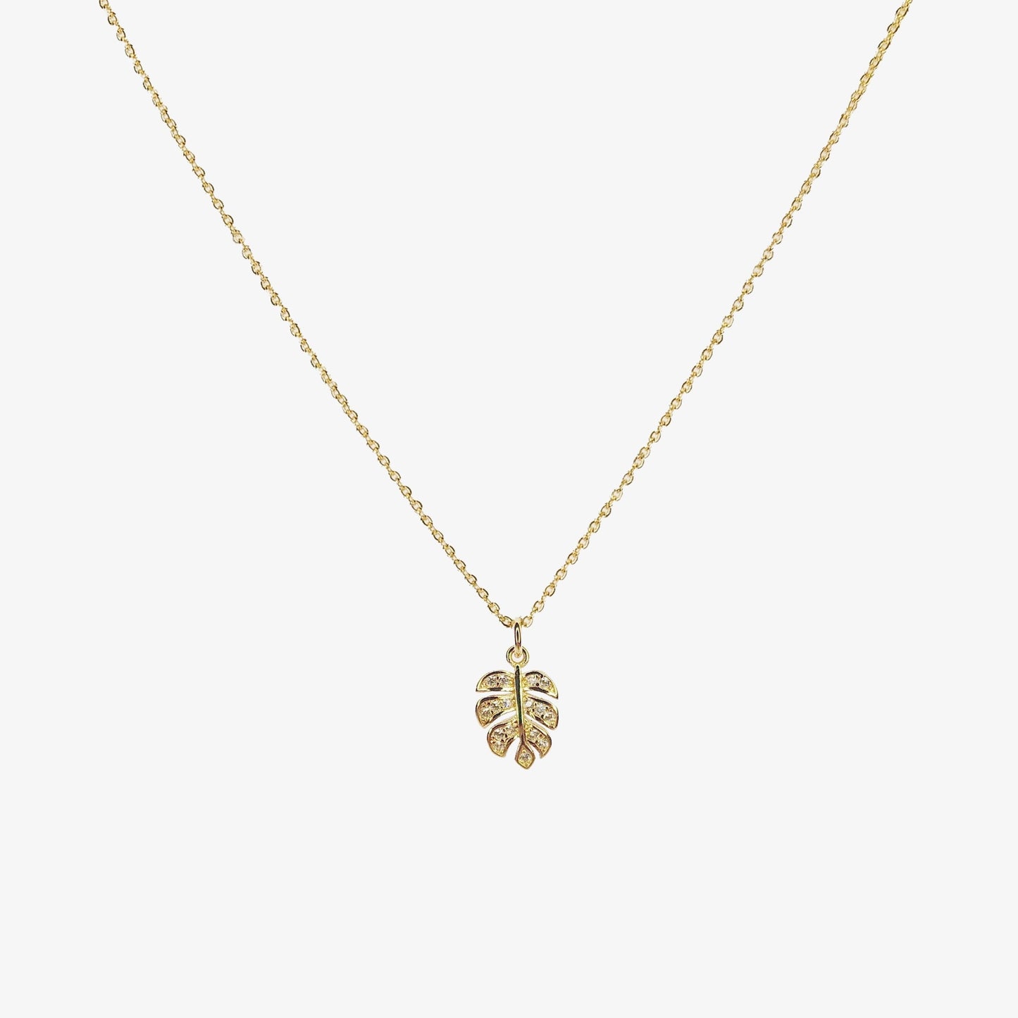 Gold Plated Cubic Zirconia Monstera Leaf Necklace - Ivy London Studio