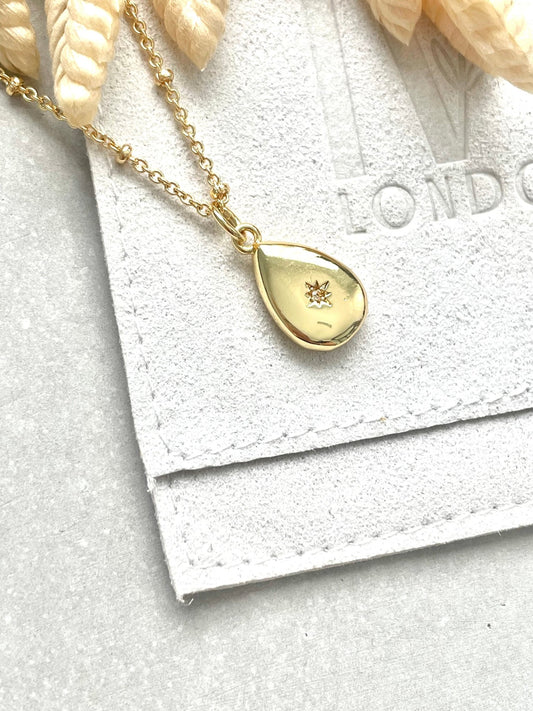 Gold Plated Cubic Zirconia Solid Peardrop Necklace - Ivy London Studio