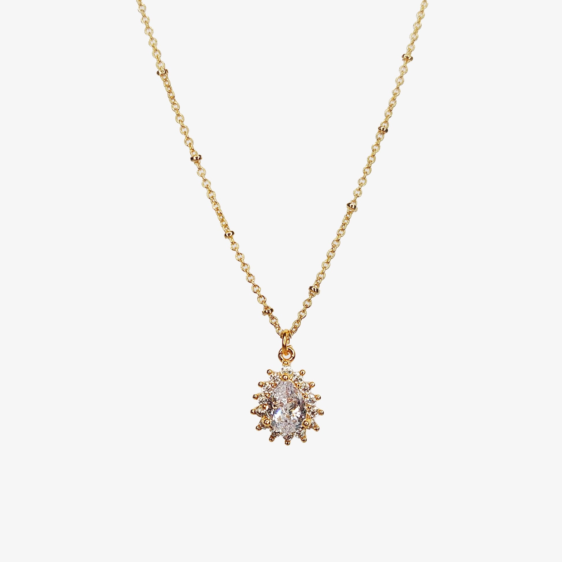 Gold Plated Cubic Zirconia Tear Drop Pendant Necklace - Ivy London Studio